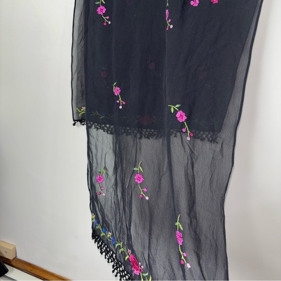 Black Silk Sheer Floral Embroidered Shawl Scarf Wrap Tassel 17" x 55" Bohemian - Picture 8 of 8